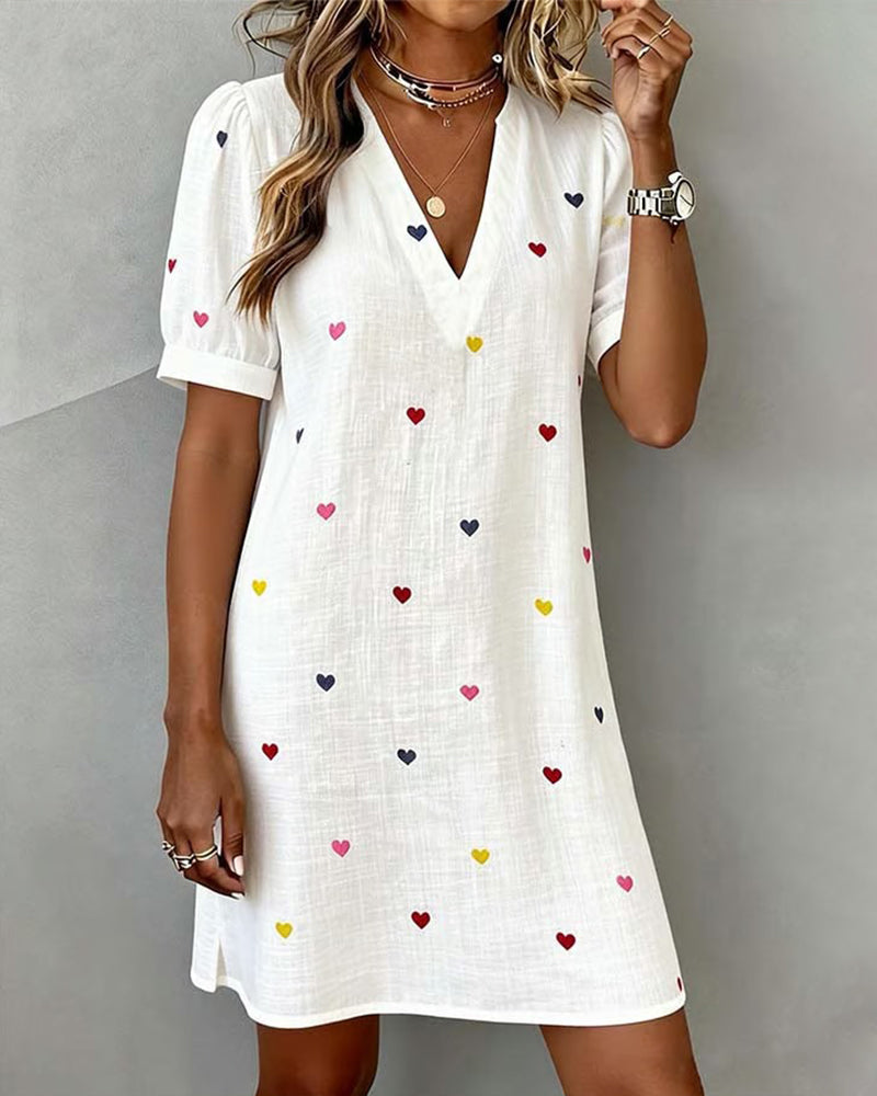 Robe Courte Femme Coton Lin Manches Bouffantes Col V - PanierRoyale
