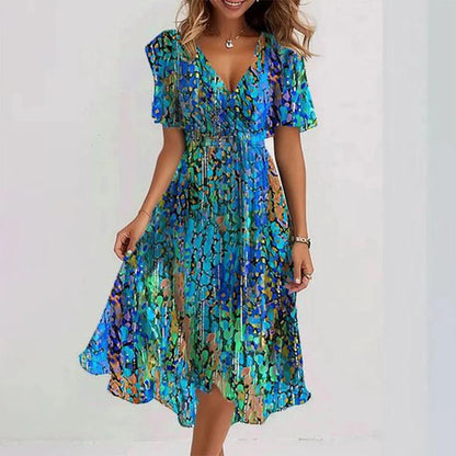 Robe Été en Chiffon Fleuri pour Femme avec Col en V