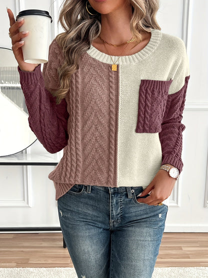 Pull Femme Maille Torsadée Patchwork Confortable Coupe Classique