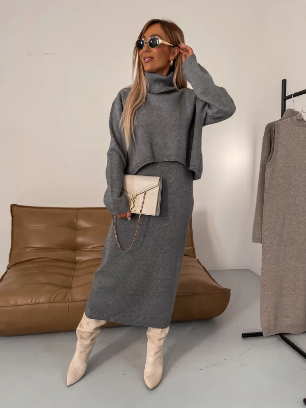 Robe Pull Femme Col Rond Manches Courtes Gris Clair Hiver - PanierRoyale