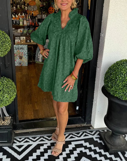 Robe Courte Femme Jacquard Col V Manches Bouffantes