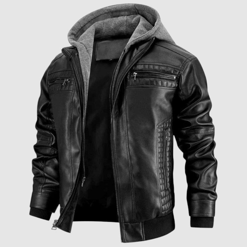 Veste Cuir Biker Homme Noir avec Capuchon et Éclair - PanierRoyale