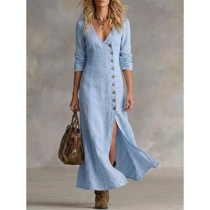 Robe Chemise Femme Vintage Manches Longues Coupe Midi