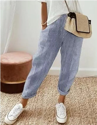 Pantalon femme rayé décontracté coton confortable