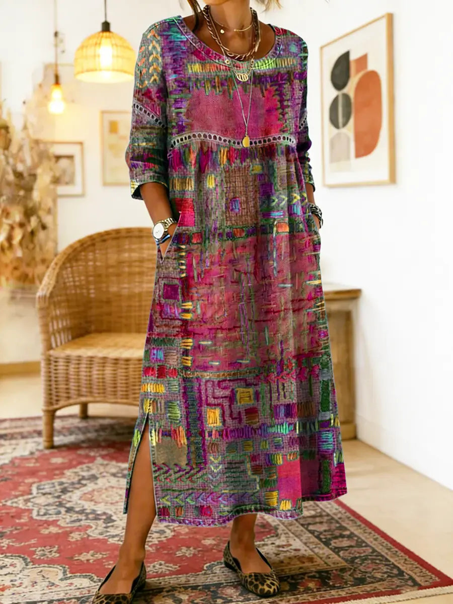 Robe Femme Denim Patchwork Ethnique Coupe Fluide