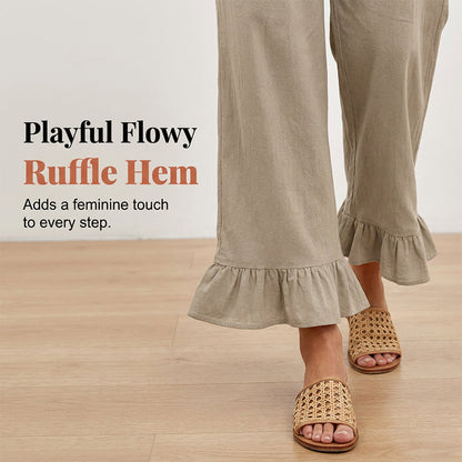 Pantalon Large Femme Coton Lin Taille Smock Volants Bas Boho