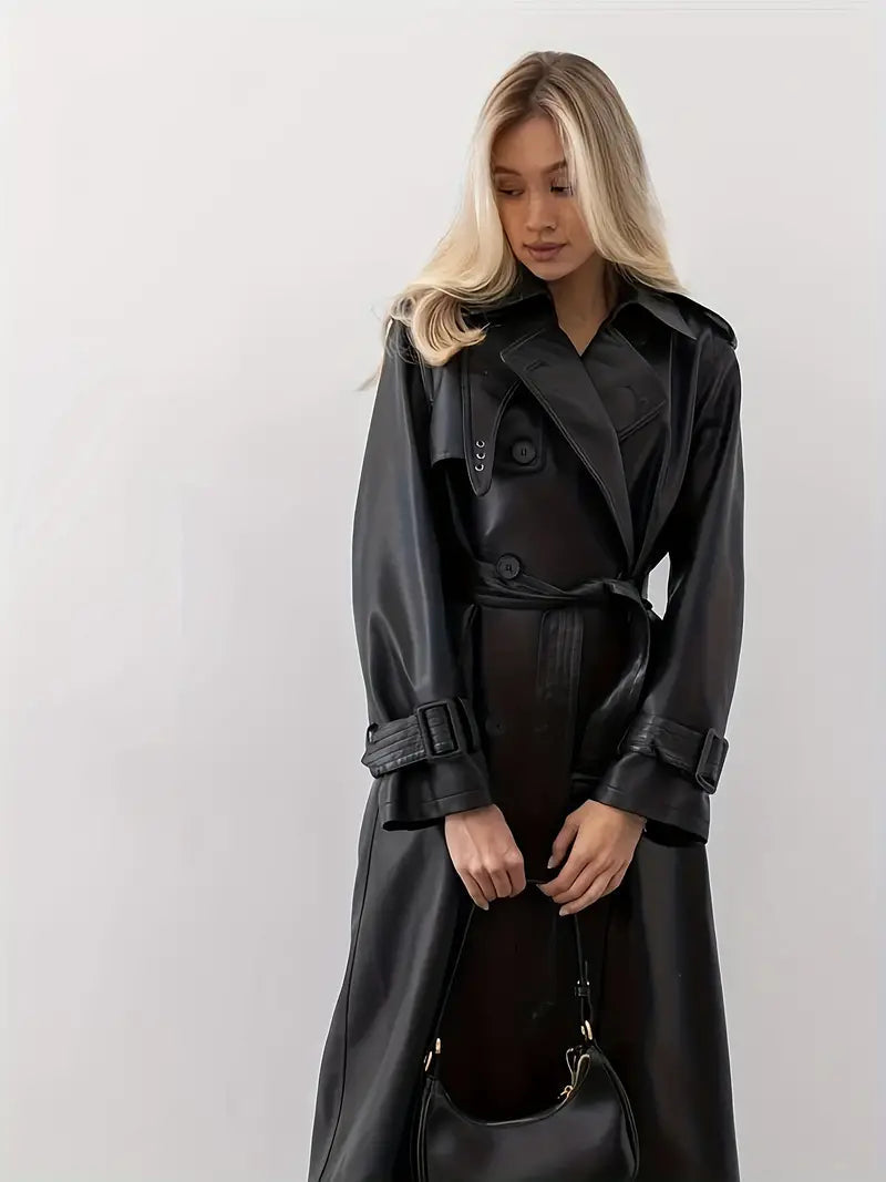 Trench-coat Femme Effet Cuir Ceinturé Coupe Élégante Longue