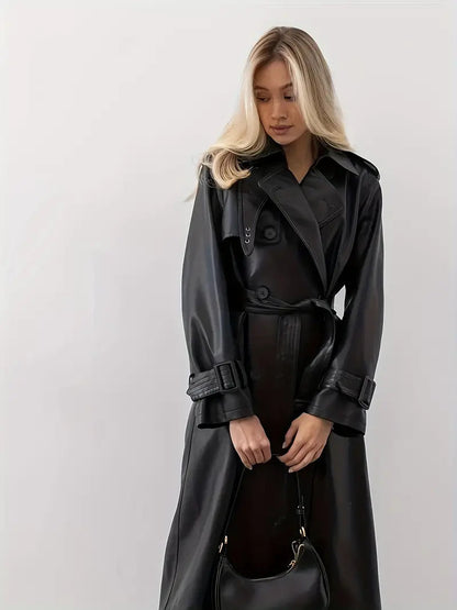 Trench-coat Femme Effet Cuir Ceinturé Coupe Élégante Longue