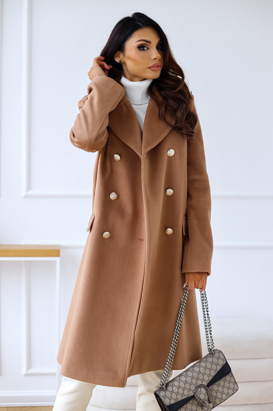 Manteau Long Femme Laine Mélangée Boutons Coupe Élégante
