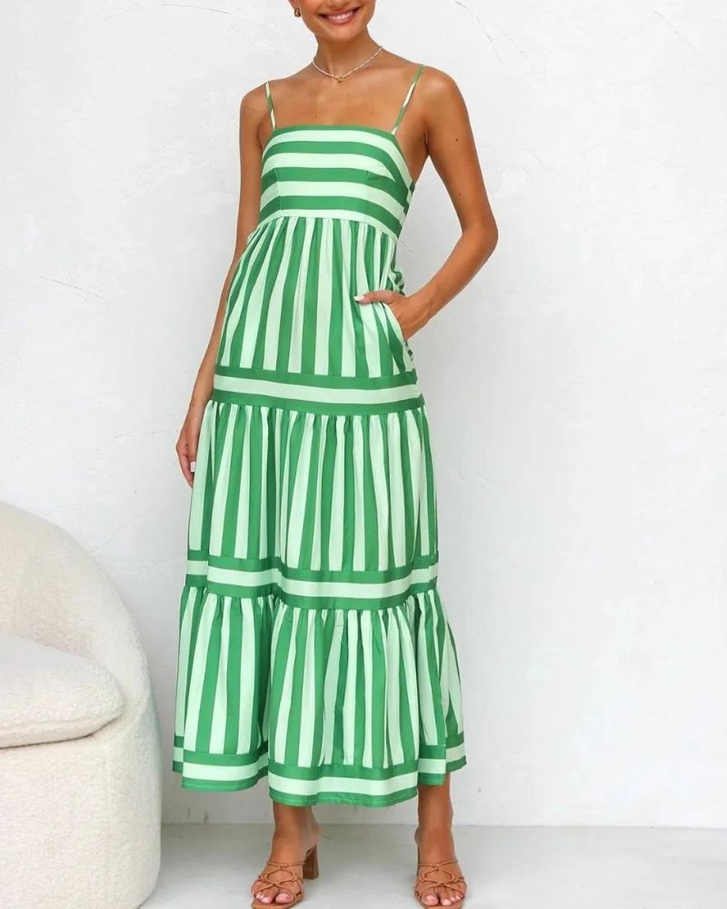 Robe Été Rayée à Poches avec Jupe Plissée Chic - PanierRoyale