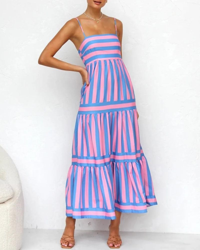 Robe Été Rayée à Poches avec Jupe Plissée Chic