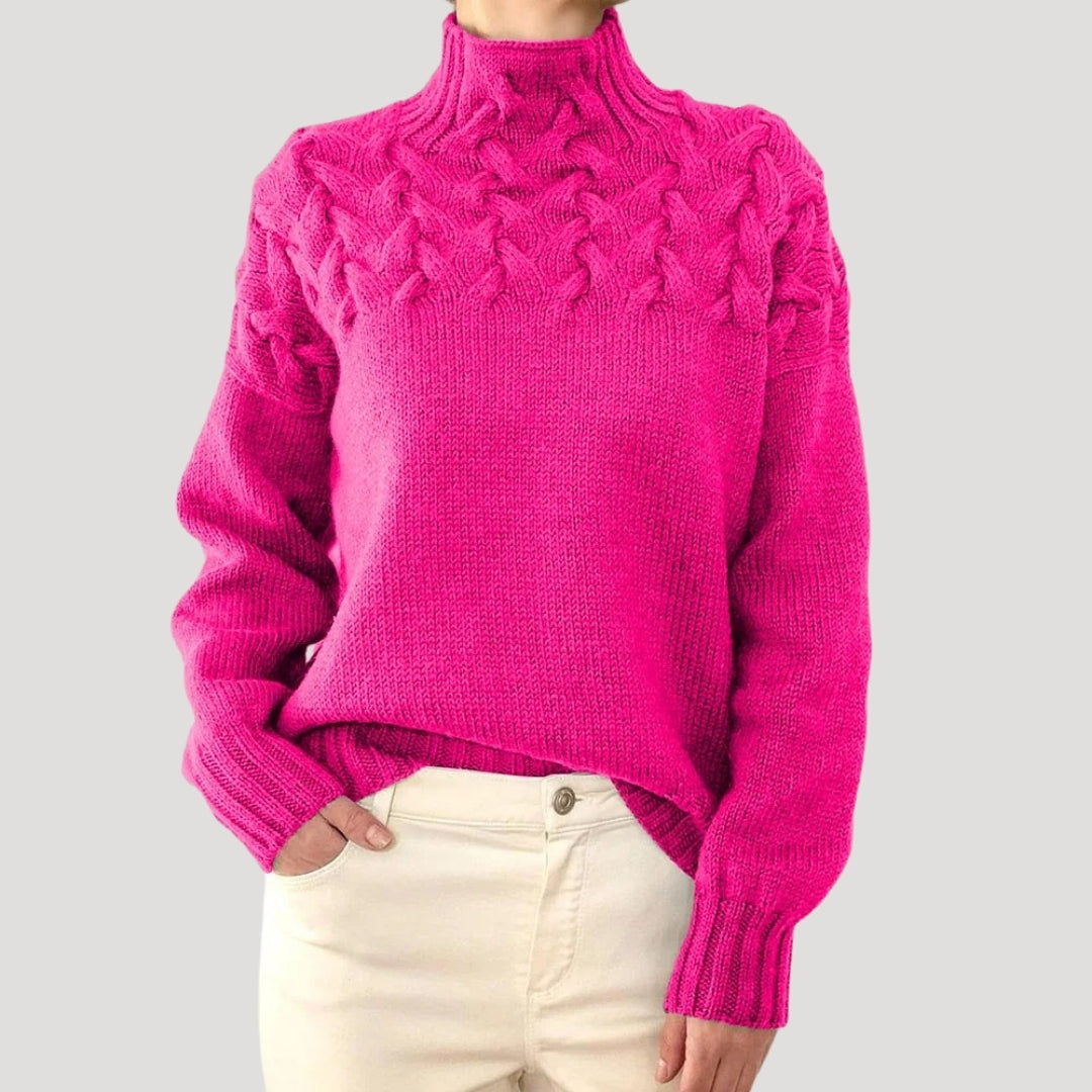 Pull Femme Tricoté Col Montant avec Dentelle et Zopfs