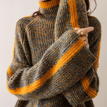 Pull Femme Col Roulé en Laine Mélangée Rayures Douces - PanierRoyale