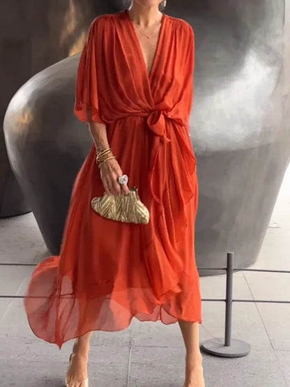Variant image for Monica™ – Robe Longue Femme en Mousseline de Soie Élégante Encolure en V-49