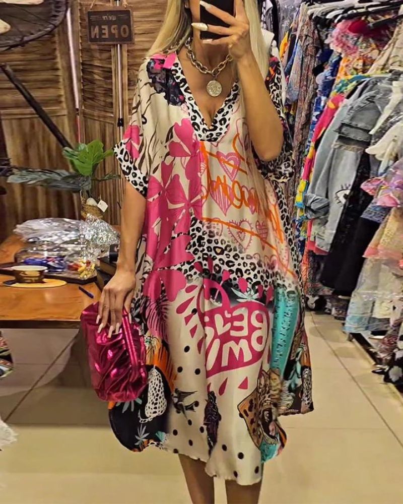 Robe Femme Imprimé Léopard Coupe Ample Col V