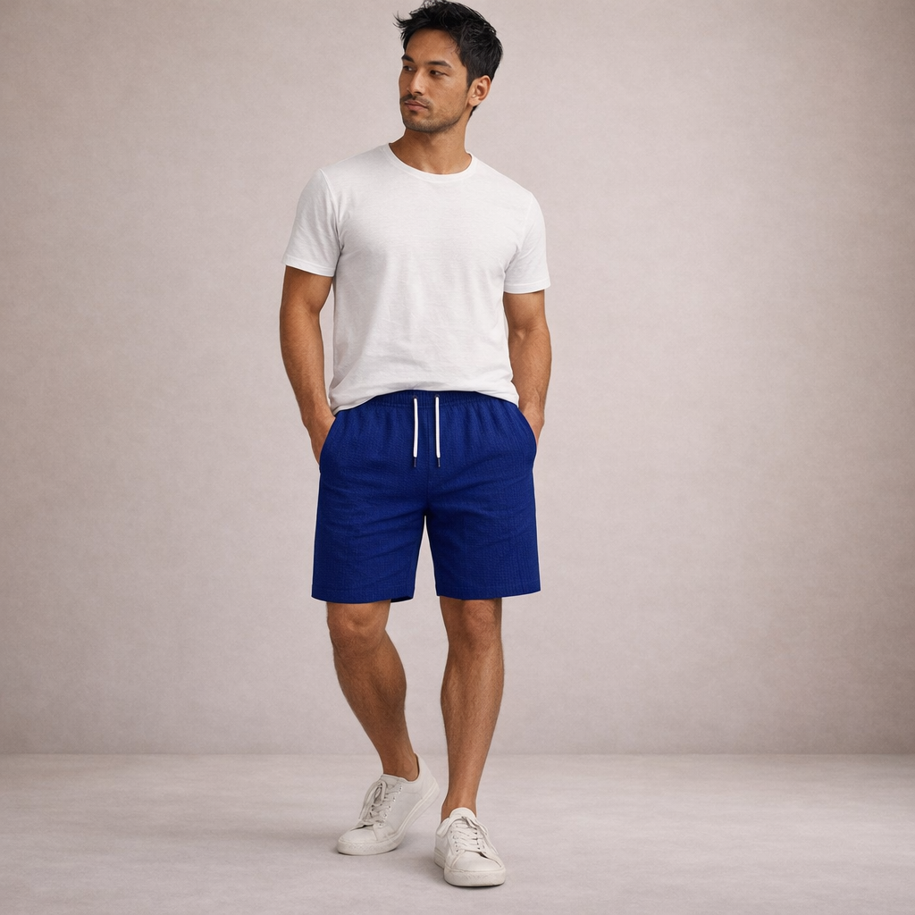 Short Homme Lin Mélangé Taille Cordon Coupe Décontractée