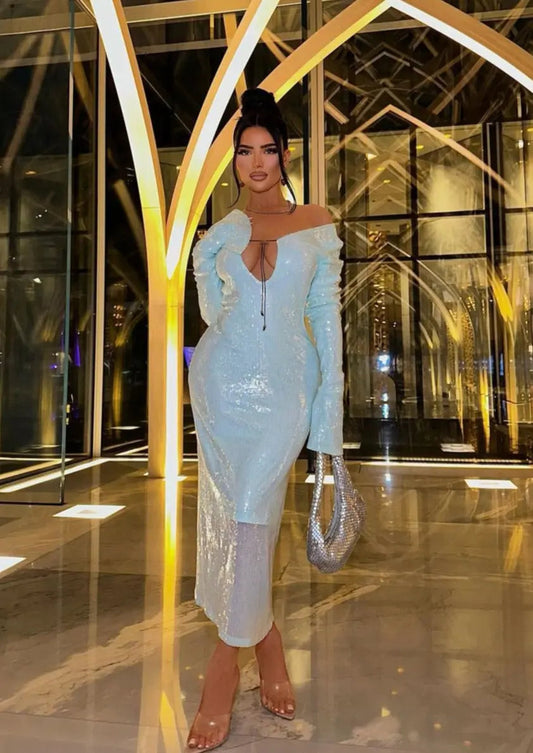Robe Femme Élégante Manches Longues Vert Menthe Pailletée - BerlinGlamour