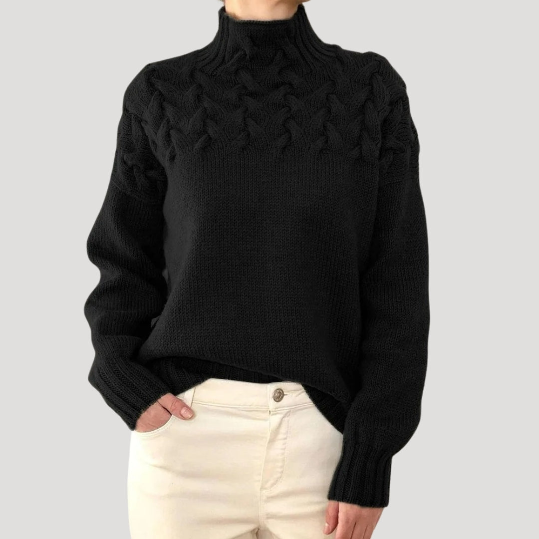 Pull Femme Tricoté Col Montant avec Dentelle et Zopfs