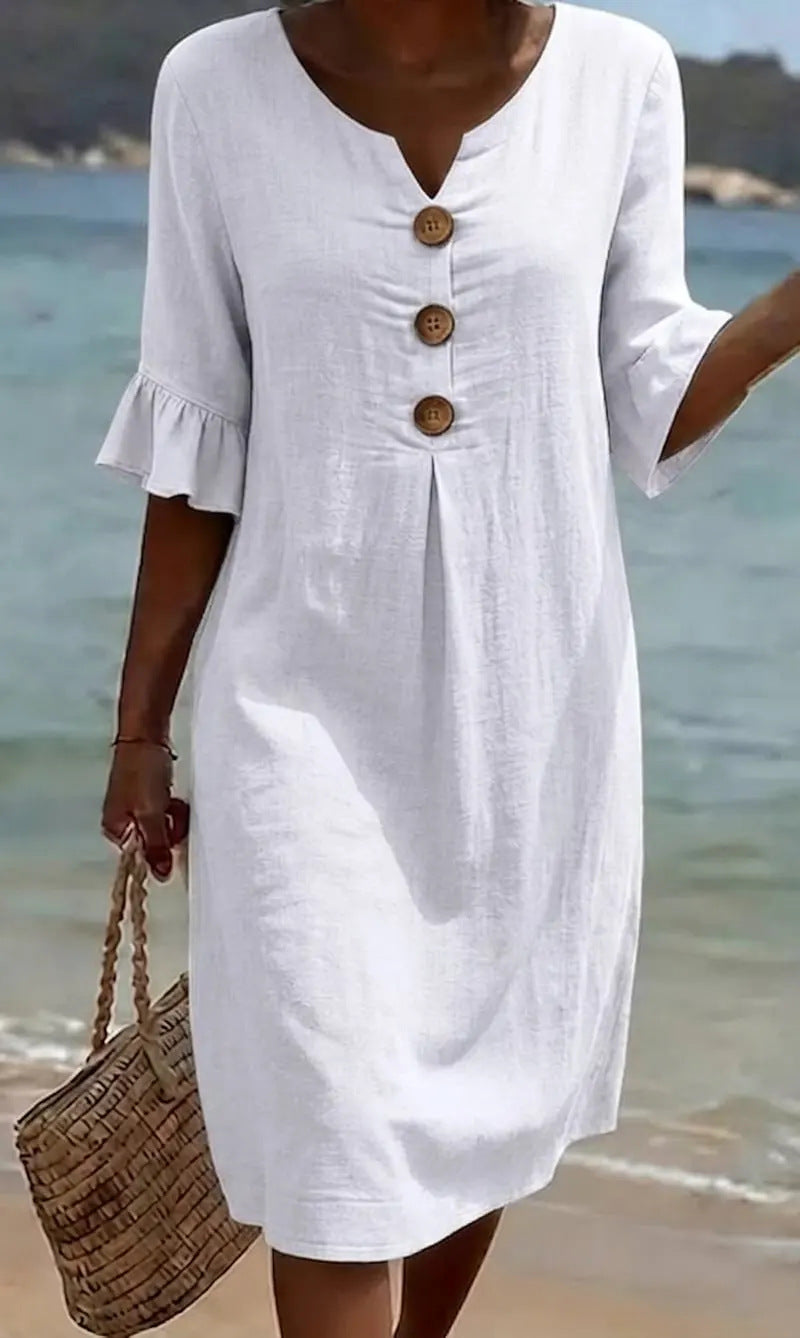 Robe Femme Coton Lin Boutonnée Manches Volantées Estivale - PanierRoyale