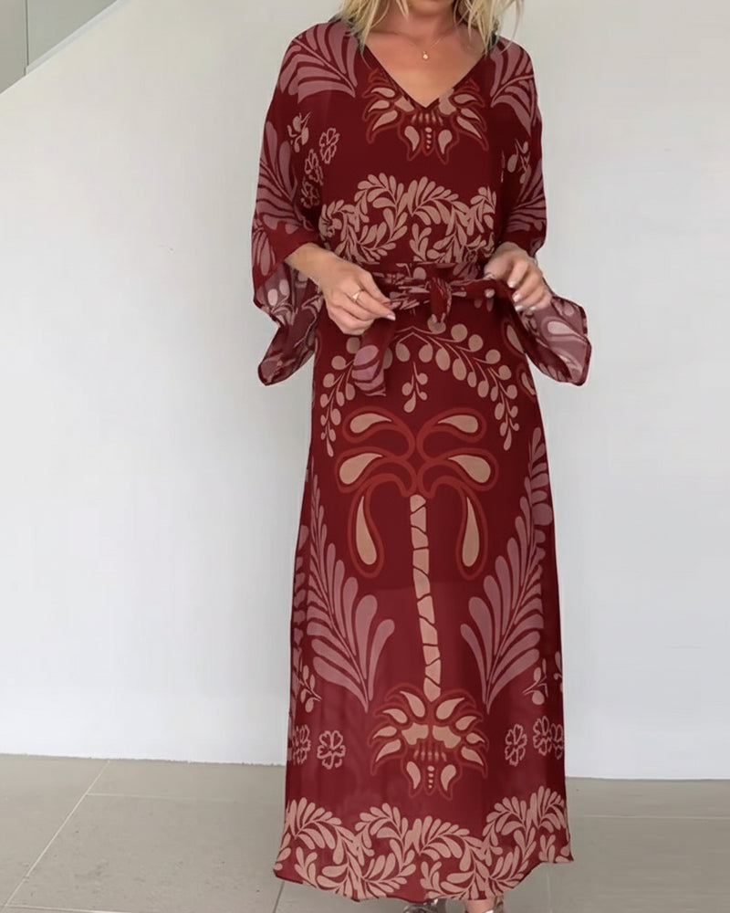 Robe Maxi Femme Imprimé Feuilles Col V Style Bohème