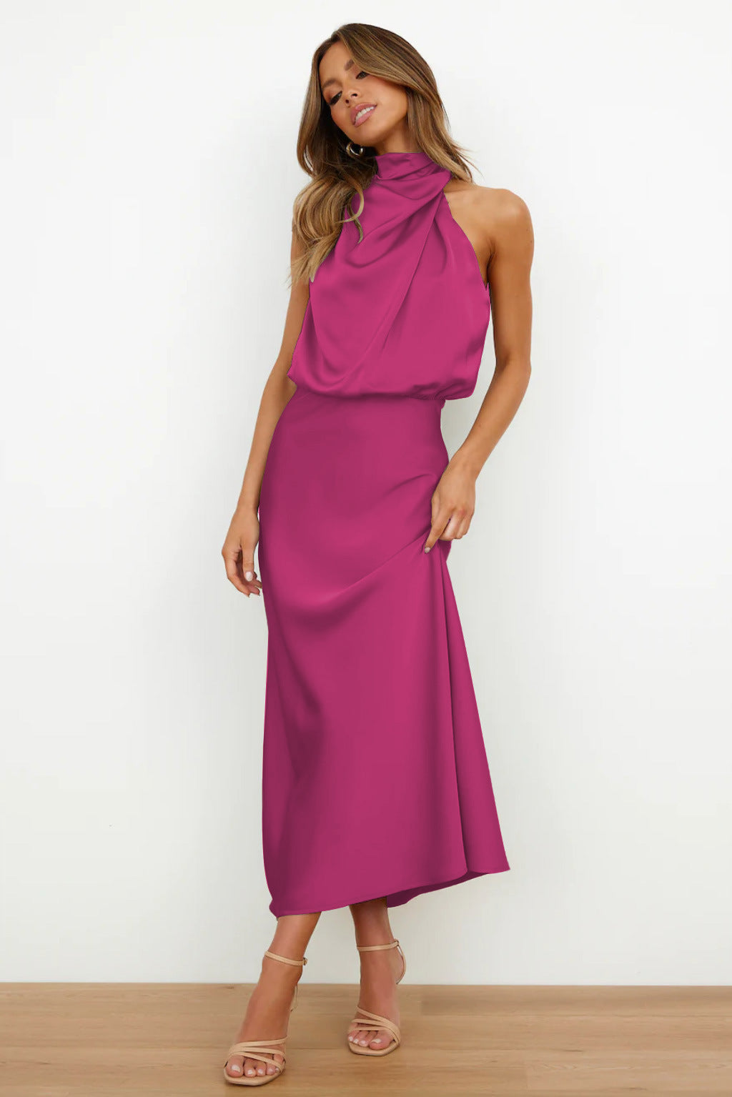 Robe Maxi Femme Satin Drapé Coupe Fluide Soirée