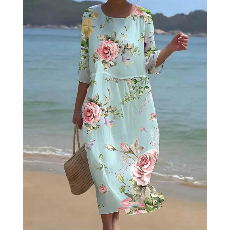 Robe Été Florale Manches Courtes et Taille Cintrée