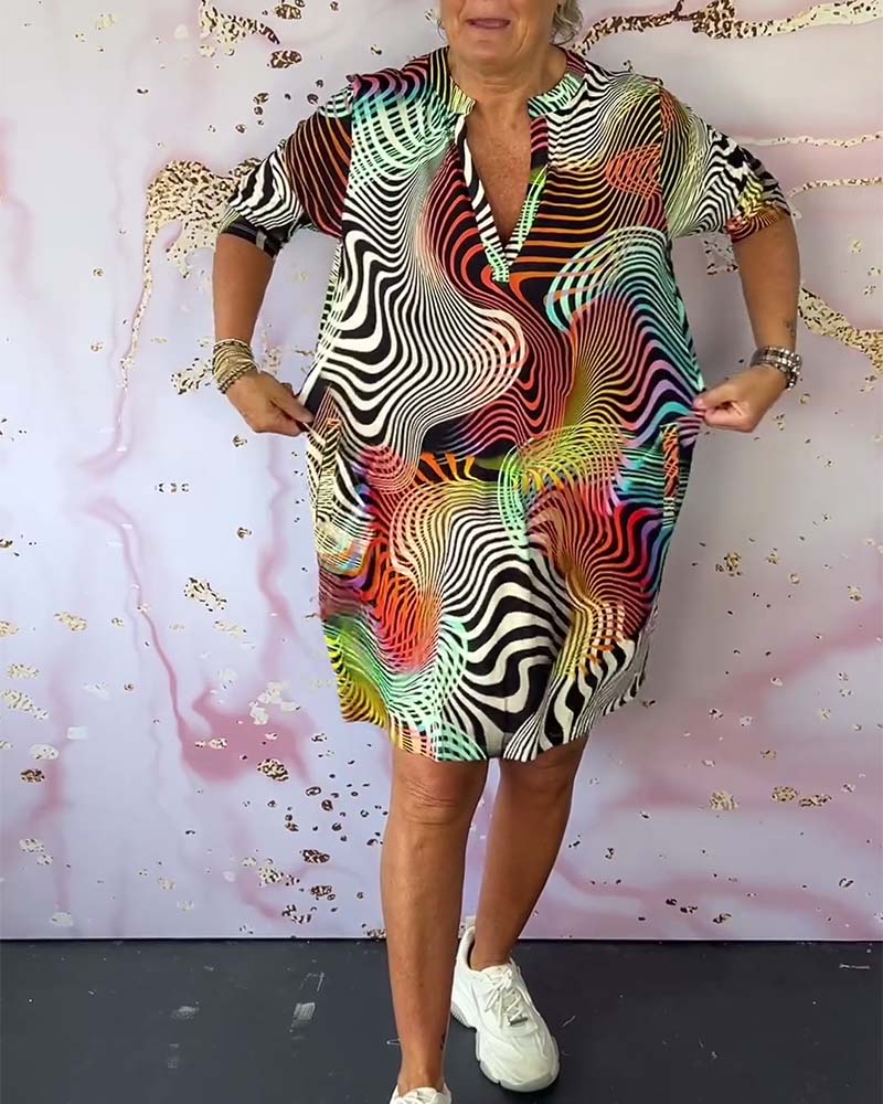 Robe Femme Col V Zippée Imprimé Abstrait Poches