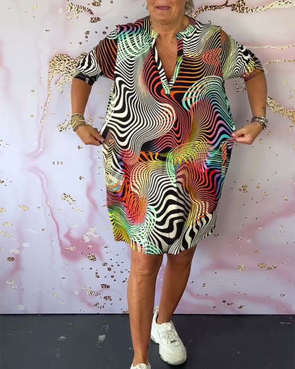 Robe Femme Col V Zippée Imprimé Abstrait Poches