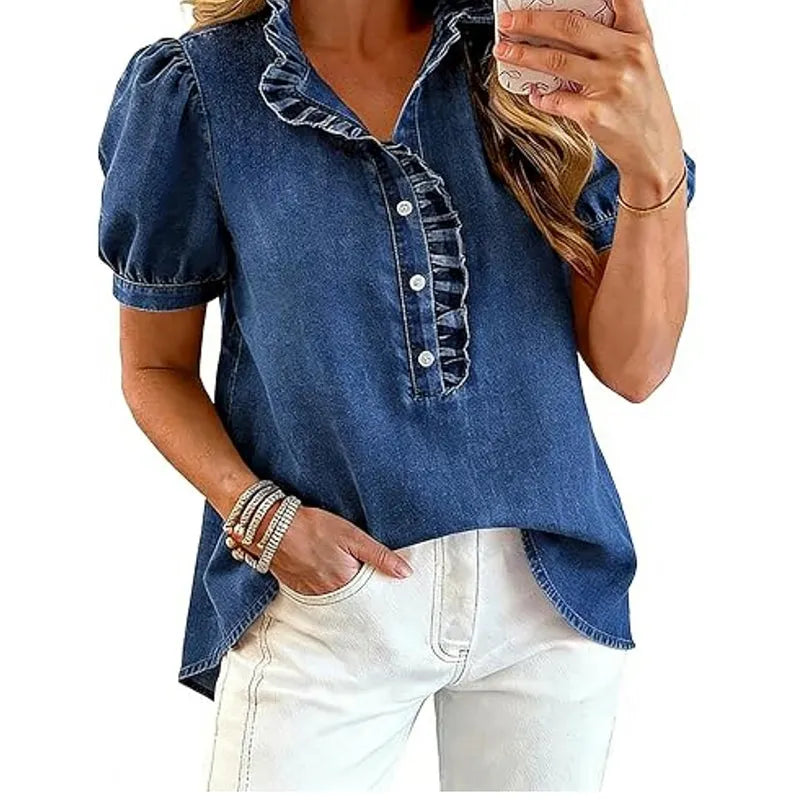 Haut Femme Denim Col Volanté Manches Bouffantes
