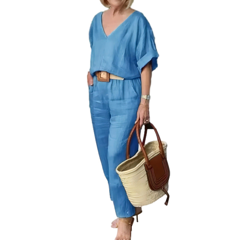 Ensemble Femme Col en V Pantalon Ample Coupe Décontractée