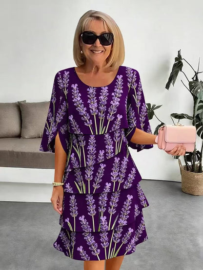 Robe Mi-Longue Femme Tissu Imprimé Volants Superposés Manches Fendues