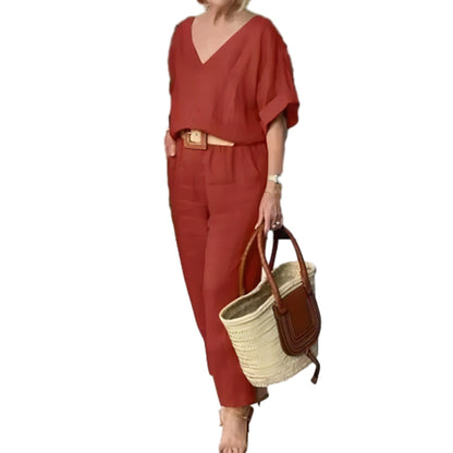 Ensemble Femme Col en V Pantalon Ample Coupe Décontractée