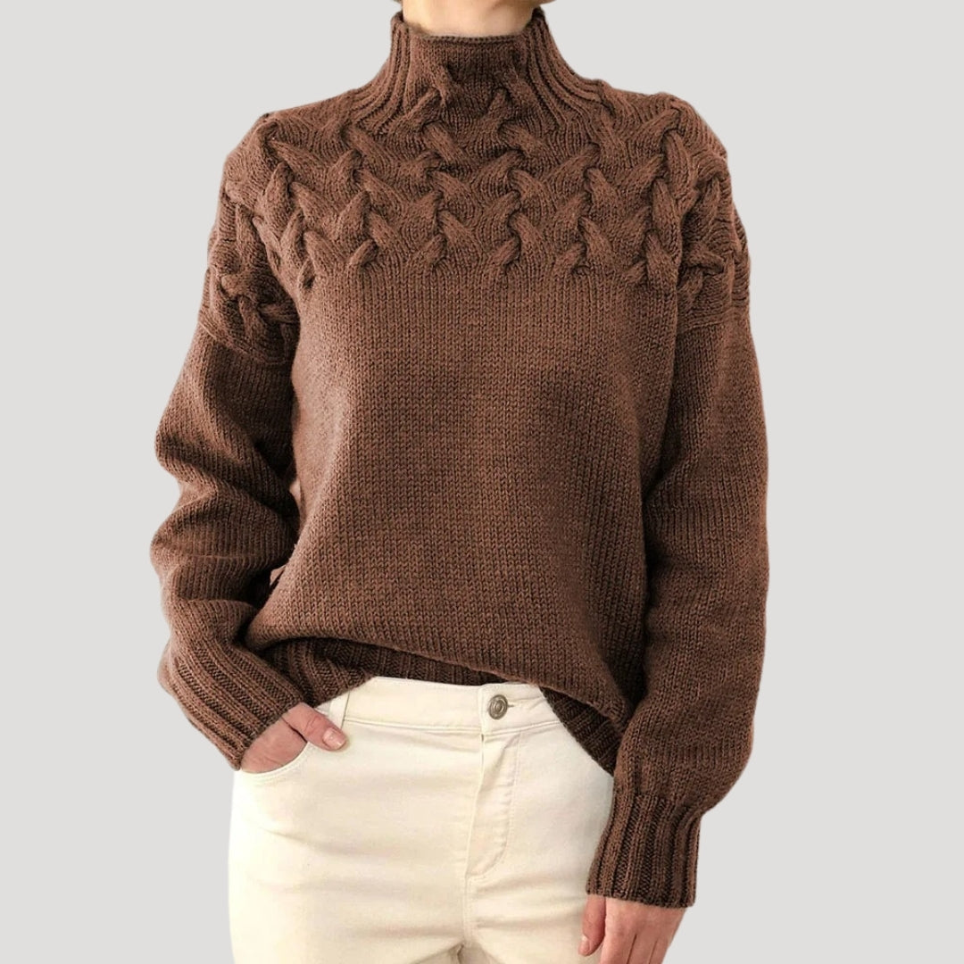 Pull Femme Tricoté Col Montant avec Dentelle et Zopfs