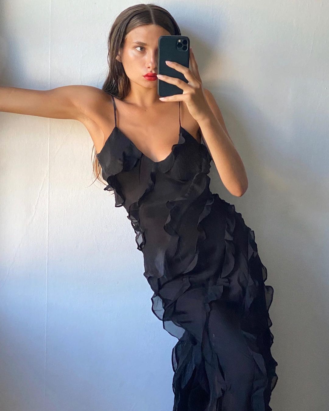 Robe du Soir Évasée avec Ruches et Bretelles Fines