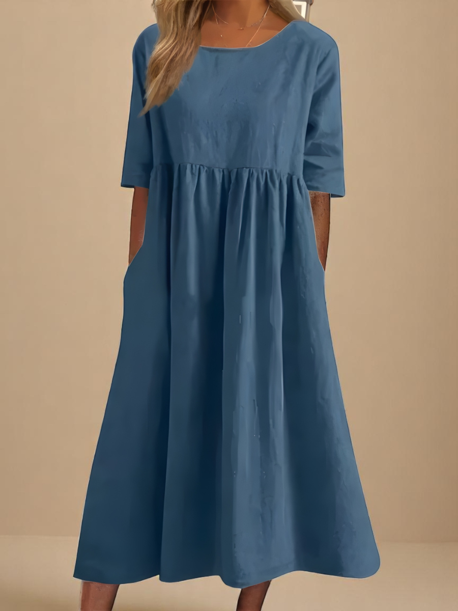 Robe Longue Femme Coton Coupe Ample Col Rond Poches - PanierRoyale