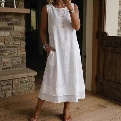 Robe midi Femme Sans Manches Volants Coupe Aline