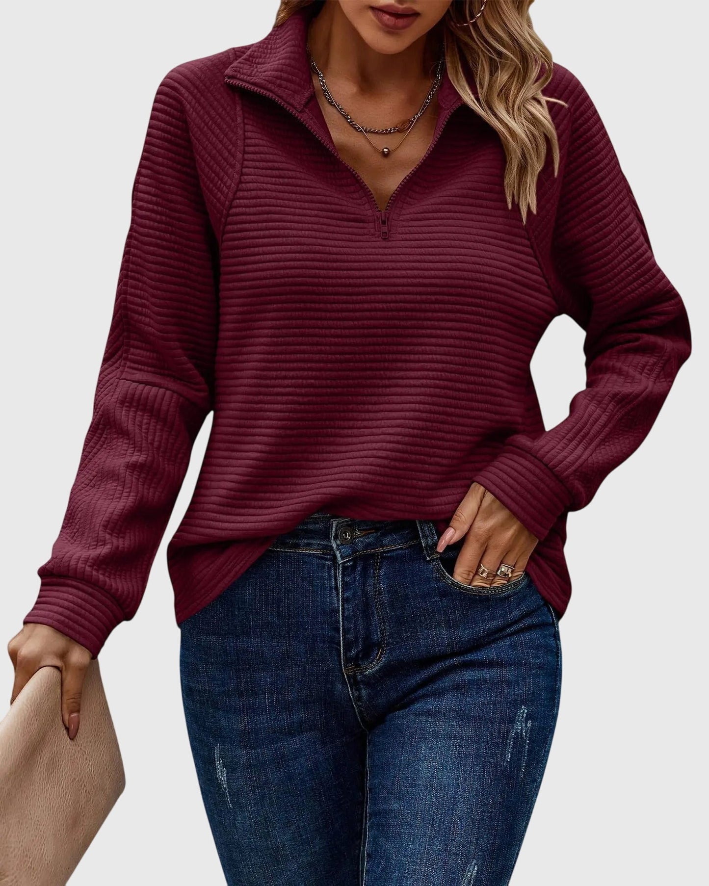 Pull femme décontracté à manches longues avec fermeture éclair