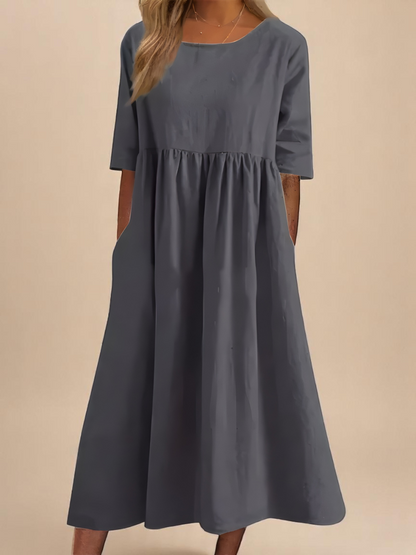 Robe Longue Femme Coton Coupe Ample Col Rond Poches