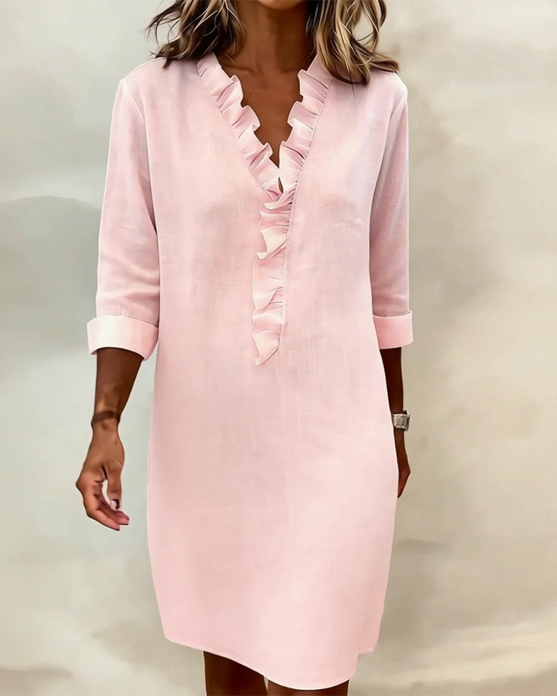 Robe Femme Col en V Volants Coupe Droite Décontractée
