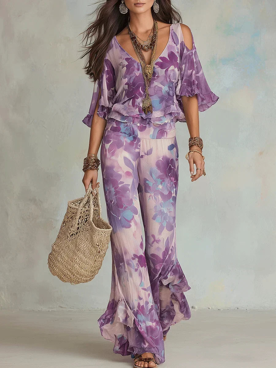 Ensemble Deux Pièces Femme Coton Épaules Dénudées Pantalon Évasé - PanierRoyale