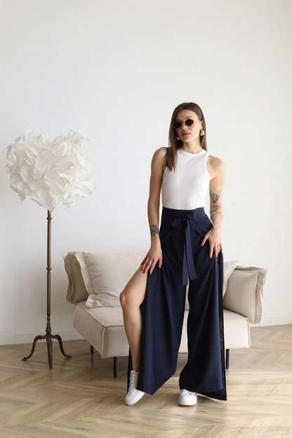 Pantalon Femme Taille Haute élastique avec Ceinture Réglable