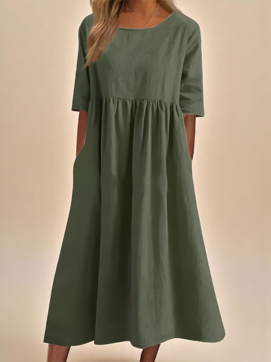 Robe Longue Femme Coton Coupe Ample Col Rond Poches