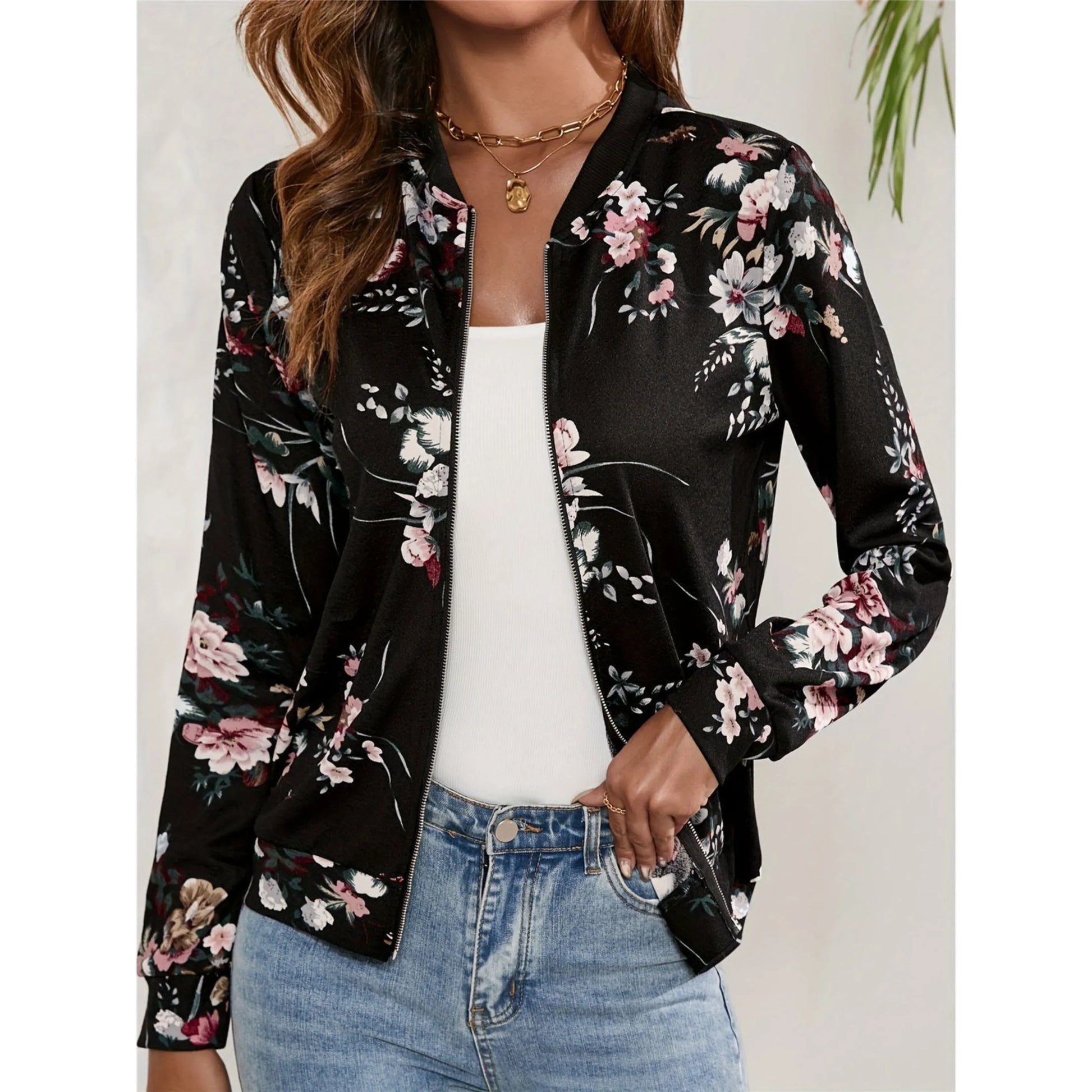 Veste bomber femme imprimé fleuri décontractée - PanierRoyale