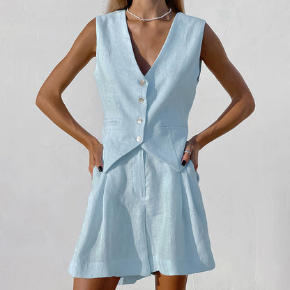 Robe Été Femme en Lin - Ensemble Décontracté avec Gilet et Short