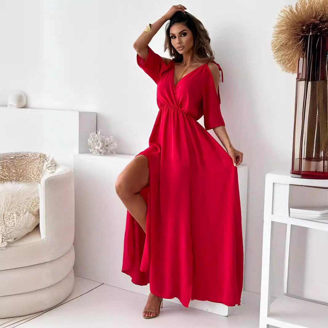 Robe longue Femme Col cache-cœur Épaules dénudées Fente élégante