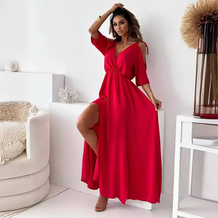 Robe Maxi Femme Mousseline Épaules Dénudées Fente Latérale