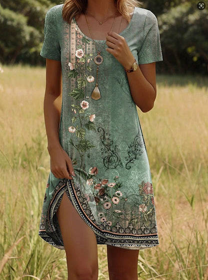 Robe Femme Fluide Manches Courtes Col Rond Imprimé Ethnique