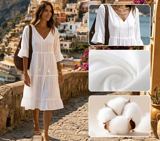 Robe midi Femme Coton Col en V Coupe Fluide