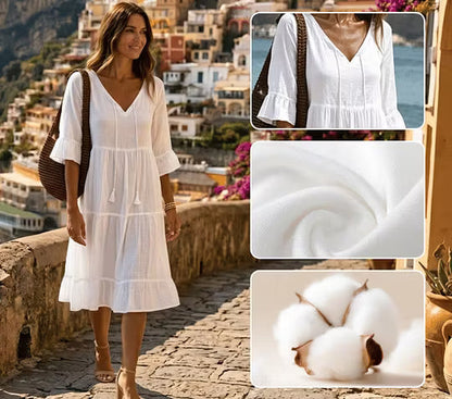 Robe midi Femme Coton Col en V Coupe Fluide