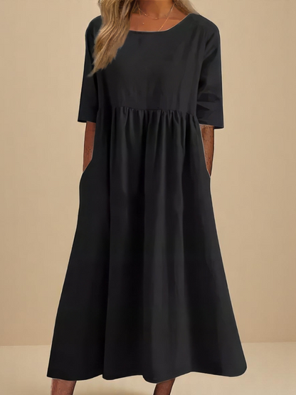 Robe Longue Femme Coton Coupe Ample Col Rond Poches